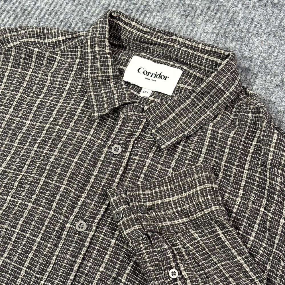 Corridor New York Shirt Men XXL Black White Slub Cotton Check Long Sleeve Button